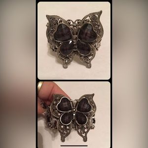 BUTTERFLY & FLOWERS, GRAY BLACK SILVER STONES, Stretch, STATEMENT CUFF BRACELET